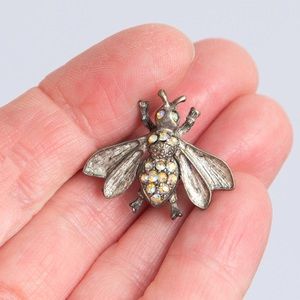 Antique look pewter neutral honey bee brooch with stones dainty unique style